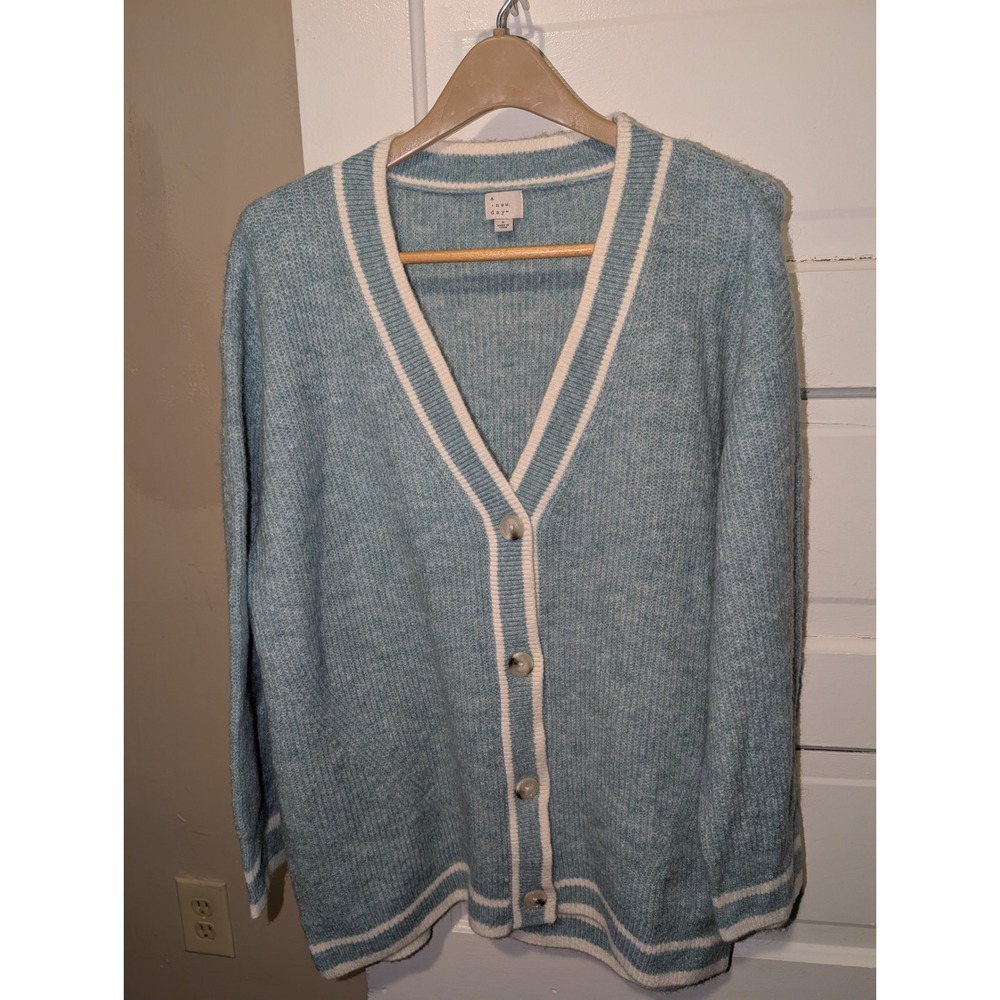 A New Day Womens Blue Varsity Stripe V-Neck Button Front Cardigan Sweater Large